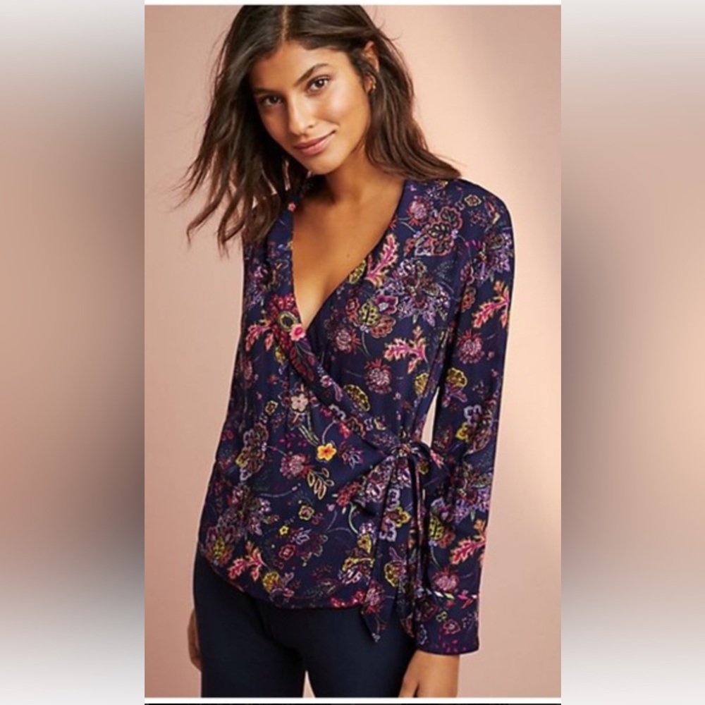 Anthropologie Floreat Navy Floral Wrap Blouse Size M Bohemian Boho Career Office
